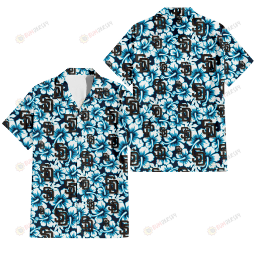 San Diego Padres Blue Line White Hibiscus Black Background 3D Hawaiian Shirt