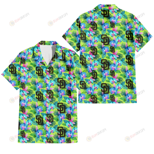 San Diego Padres Blue Orchid Green Pink Leaf Green Background 3D Hawaiian Shirt