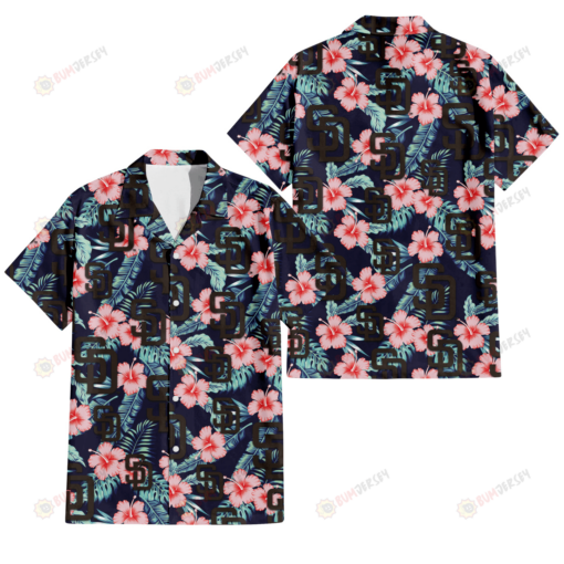 San Diego Padres Coral Hibiscus Green Banana Leaf Black Background 3D Hawaiian Shirt