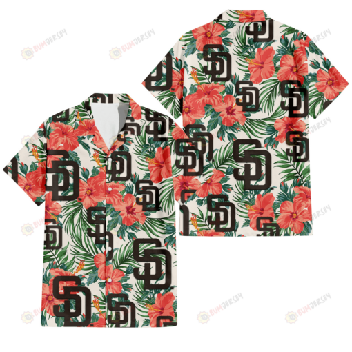 San Diego Padres Coral Hibiscus Green Leaf Beige Background 3D Hawaiian Shirt