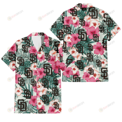 San Diego Padres Coral Pink Hibiscus Green Leaf Beige Background 3D Hawaiian Shirt