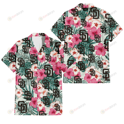 San Diego Padres Coral Pink Hibiscus Green Leaf Beige Background 3D Hawaiian Shirt