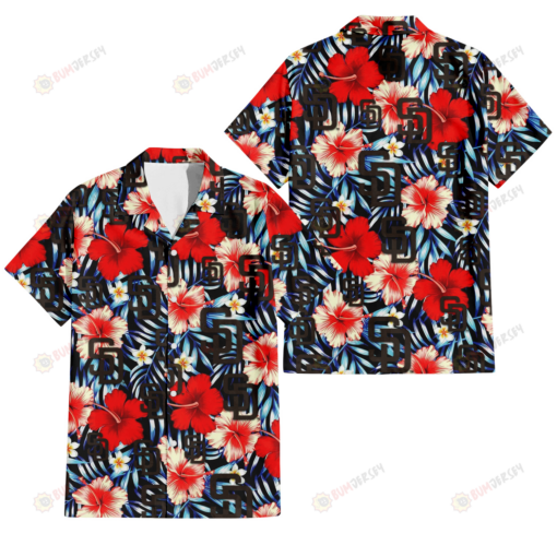 San Diego Padres Coral Red Hibiscus Blue Palm Leaf Black Background 3D Hawaiian Shirt