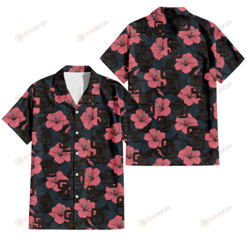 San Diego Padres Light Coral Hibiscus Gray Leaf Black Background 3D Hawaiian Shirt