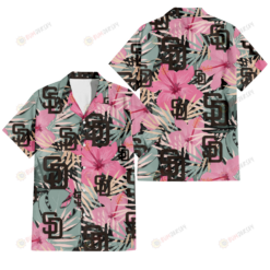 San Diego Padres Light Pink Hibiscus Pale Green Leaf Black Background 3D Hawaiian Shirt