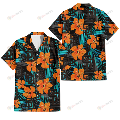 San Diego Padres Orange Hibiscus Blue Gray Leaf Black Background 3D Hawaiian Shirt