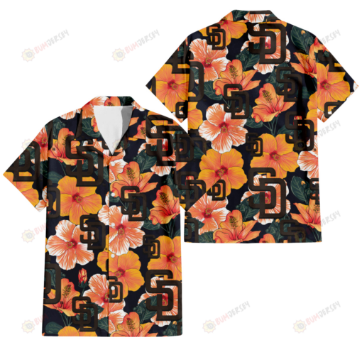 San Diego Padres Orange Hibiscus Dark Green Leaf Black Background 3D Hawaiian Shirt