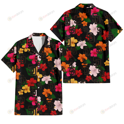 San Diego Padres Pink Orange Yellow White Hibiscus Black Background 3D Hawaiian Shirt