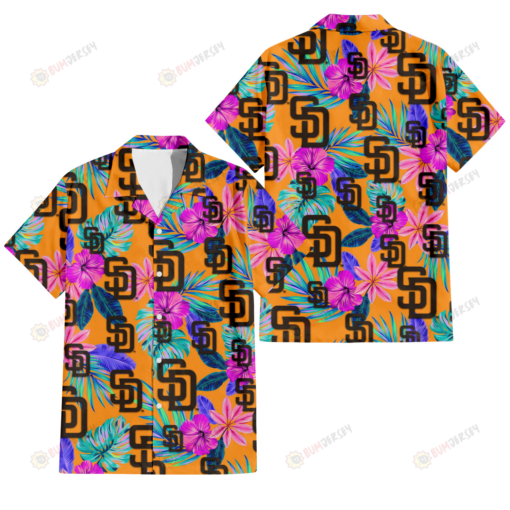 San Diego Padres Purple Hibiscus Neon Leaf Orange Background 3D Hawaiian Shirt