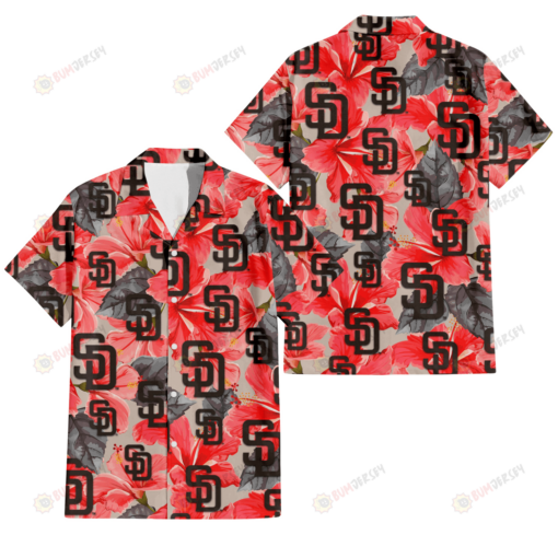 San Diego Padres Red Hibiscus Gray Leaf Beige Background 3D Hawaiian Shirt