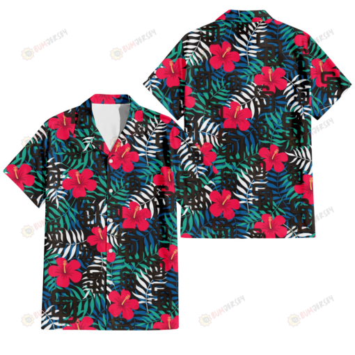 San Diego Padres Red Hibiscus Green Blue White Leaf Black Background 3D Hawaiian Shirt