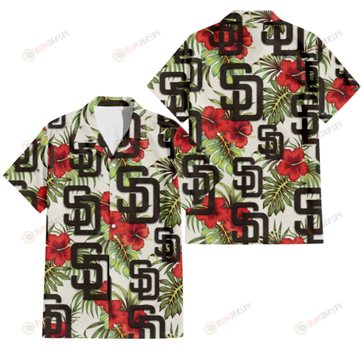 San Diego Padres Red Hibiscus Green Tropical Leaf Cream Background 3D Hawaiian Shirt