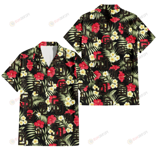 San Diego Padres Red Hibiscus Yellow Porcelain Flower Black Background 3D Hawaiian Shirt