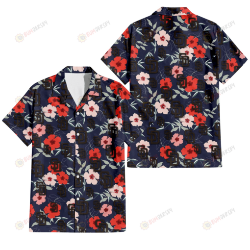 San Diego Padres Red Pink White Hibiscus Black Background 3D Hawaiian Shirt