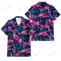 San Diego Padres Violet Red Hibiscus Blue Leaf Black Background 3D Hawaiian Shirt