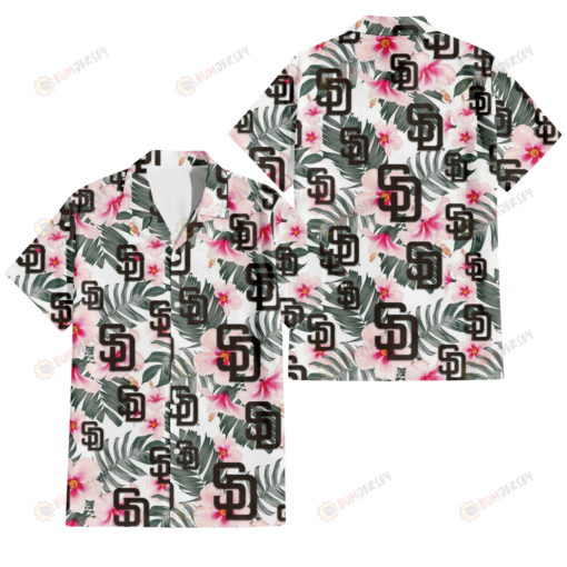 San Diego Padres White Hibiscus Green Leaf White Background 3D Hawaiian Shirt