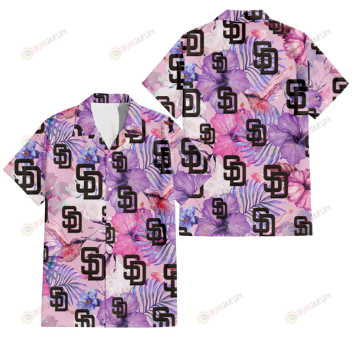 San Diego Padres White Purple Hibiscus Pink Hummingbird Pink Background 3D Hawaiian Shirt