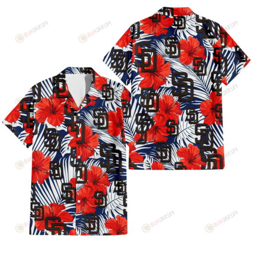 San Diego Padres White Tropical Leaf Red Hibiscus Navy Background 3D Hawaiian Shirt