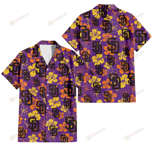 San Diego Padres Yellow And Orange Hibiscus Purple Background 3D Hawaiian Shirt