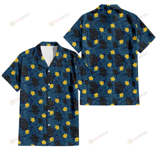 San Diego Padres Yellow Hibiscus Cadet Blue Leaf Navy Background 3D Hawaiian Shirt