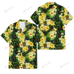 San Diego Padres Yellow Hibiscus Tropical Green Leaf Black Background 3D Hawaiian Shirt