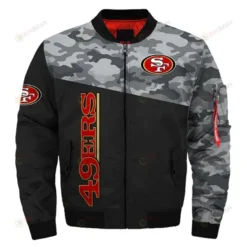 San Francisco 49ers Camo Pattern Bomber Jacket - Black And Gray