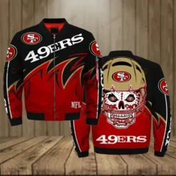 San Francisco 49ers With Skull Pattern Bomber Jacket - Red And Black