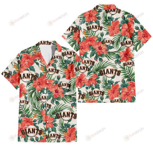 San Francisco Giants Coral Hibiscus Green Leaf Beige Background 3D Hawaiian Shirt