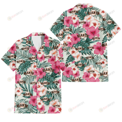 San Francisco Giants Coral Pink Hibiscus Green Leaf Beige Background 3D Hawaiian Shirt