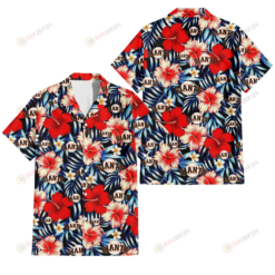 San Francisco Giants Coral Red Hibiscus Blue Palm Leaf Black Background 3D Hawaiian Shirt