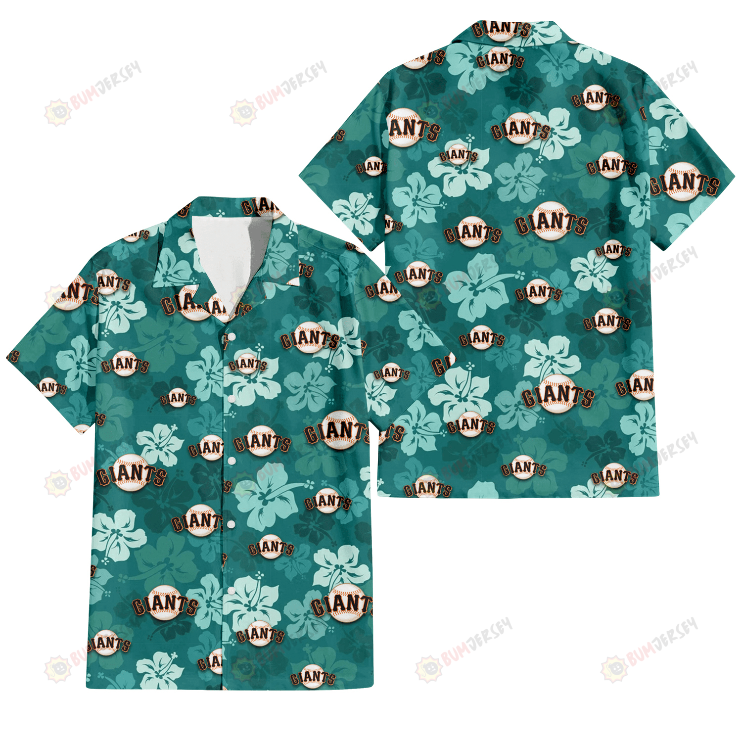 San Francisco Giants Light Sea Green Hibiscus Green Background 3D Hawaiian Shirt