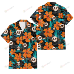San Francisco Giants Orange Hibiscus Blue Gray Leaf Black Background 3D Hawaiian Shirt
