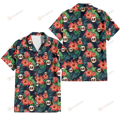 San Francisco Giants Orange Hibiscus Green Tropical Leaf Dark Background 3D Hawaiian Shirt