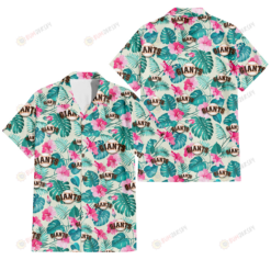 San Francisco Giants Pink Hibiscus Green Leaf Beige Background 3D Hawaiian Shirt