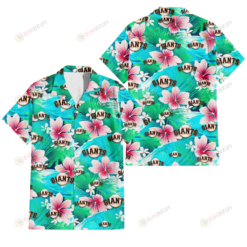 San Francisco Giants Pink Hibiscus Green Leaf Blue Background 3D Hawaiian Shirt