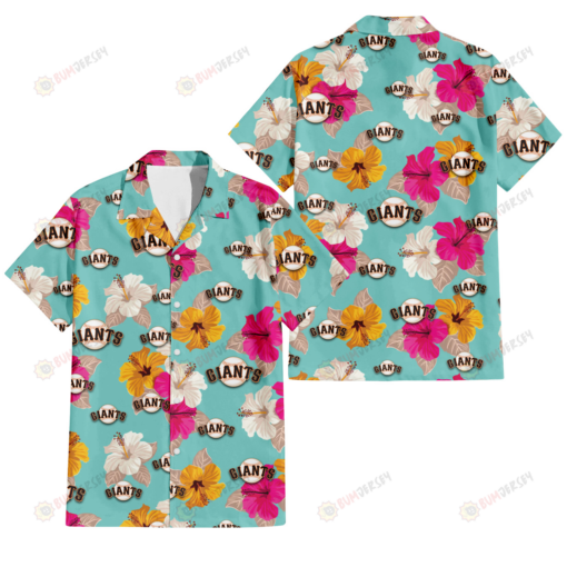 San Francisco Giants Pink Yellow White Hibiscus Turquoise Background 3D Hawaiian Shirt