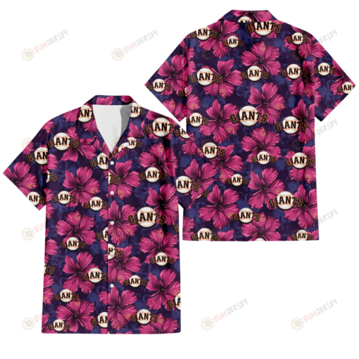 San Francisco Giants Plum Vilolet Hibiscus Dark Navy Leaf Black 3D Hawaiian Shirt
