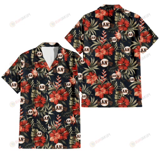 San Francisco Giants Red Hibiscus Green Leaf Dark Background 3D Hawaiian Shirt