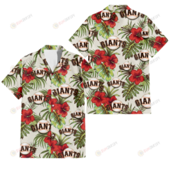 San Francisco Giants Red Hibiscus Green Tropical Leaf Cream Background 3D Hawaiian Shirt