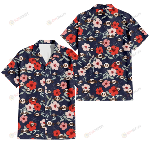 San Francisco Giants Red Pink White Hibiscus Black Background 3D Hawaiian Shirt