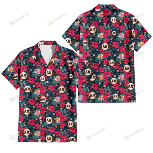 San Francisco Giants Tiny Red Hibiscus White Porcelain Flower Black Background 3D Hawaiian Shirt