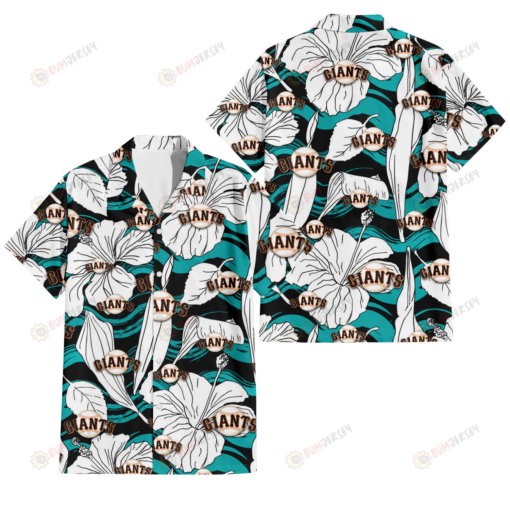 San Francisco Giants White Hibiscus Turquoise Wave Black Background 3D Hawaiian Shirt