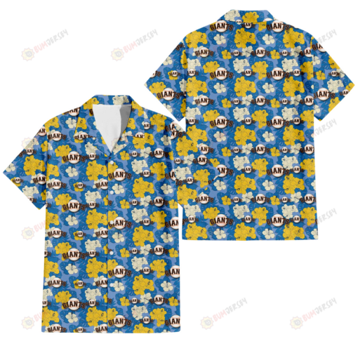 San Francisco Giants Yellow White Hibiscus Powder Blue Background 3D Hawaiian Shirt