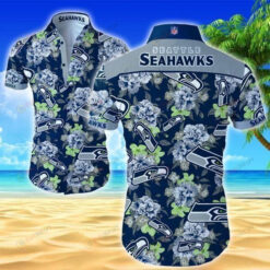 Seahawks Flower Pattern Blue Navy Short Sleeve Curved Hawaiian Shirt