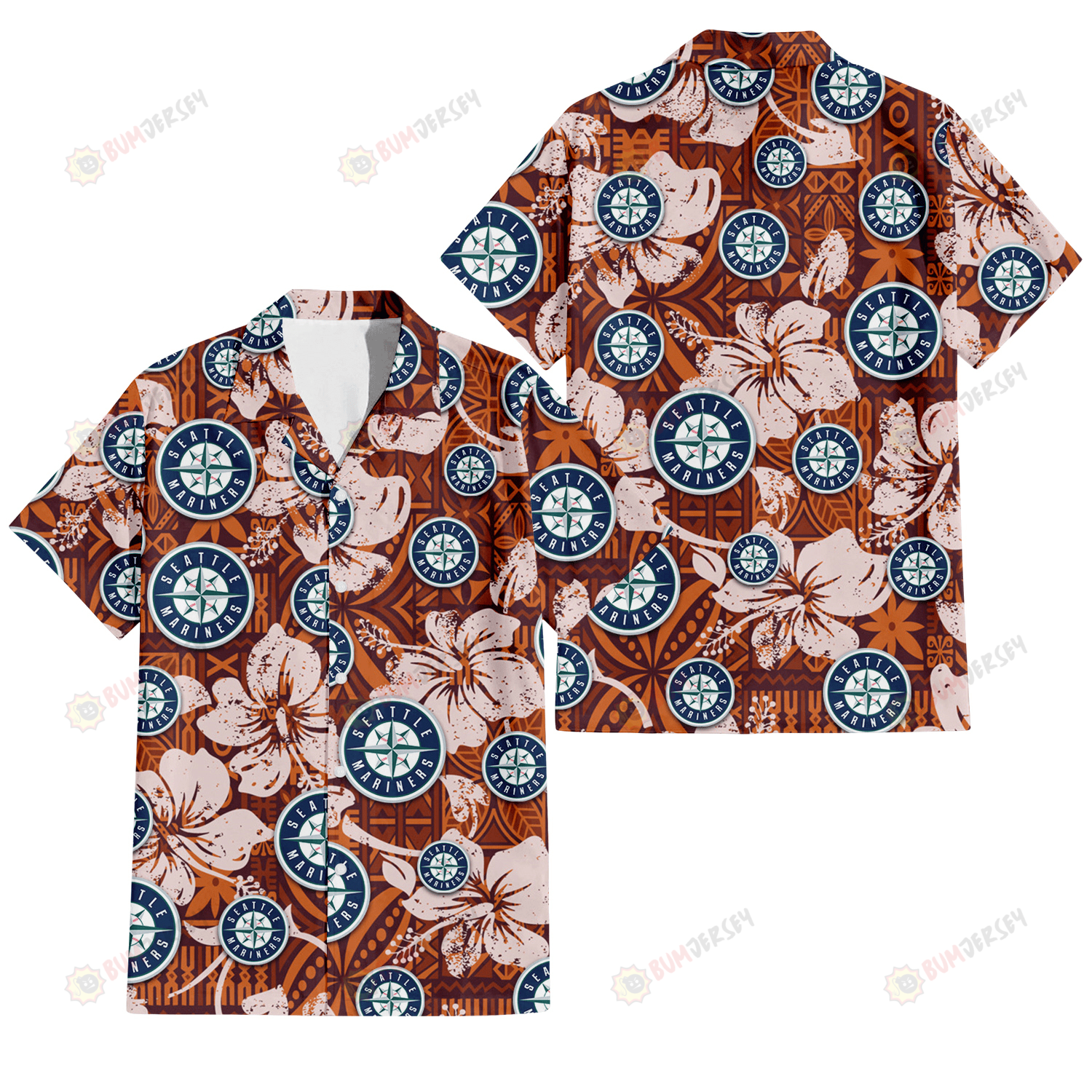 Seattle Mariners Bisque Hibiscus Brown Pattern 3D Hawaiian Shirt