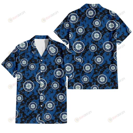 Seattle Mariners Black Dark Blue Hibiscus Black Background 3D Hawaiian Shirt