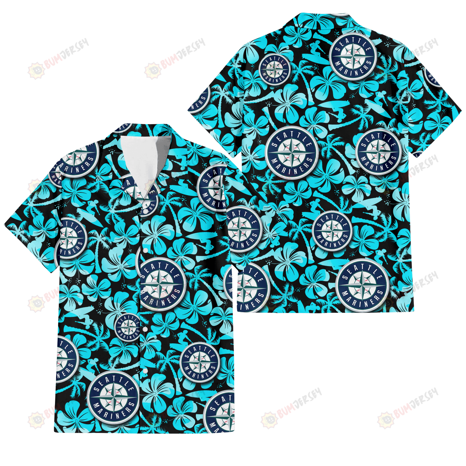 Seattle Mariners Blue Hibiscus Blue Coconut Tree Black Background 3D Hawaiian Shirt