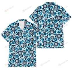 Seattle Mariners Blue Line White Hibiscus Black Background 3D Hawaiian Shirt