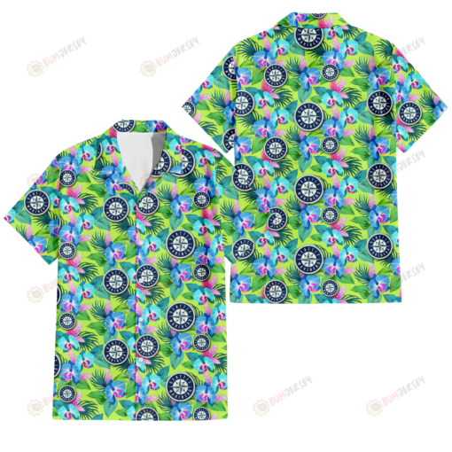 Seattle Mariners Blue Orchid Green Pink Leaf Green Background 3D Hawaiian Shirt