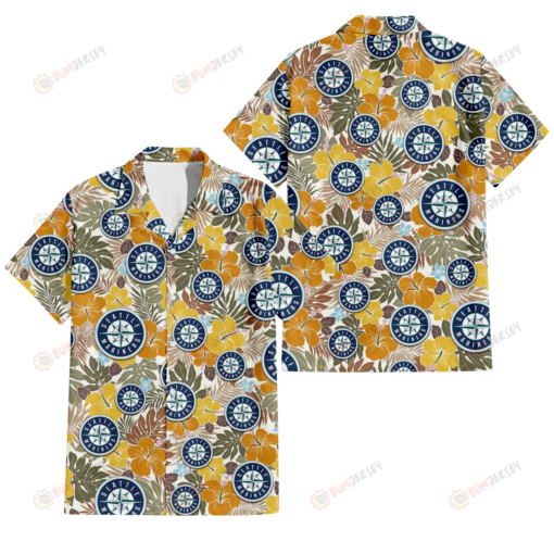 Seattle Mariners Brown Yellow Hibiscus White Background 3D Hawaiian Shirt